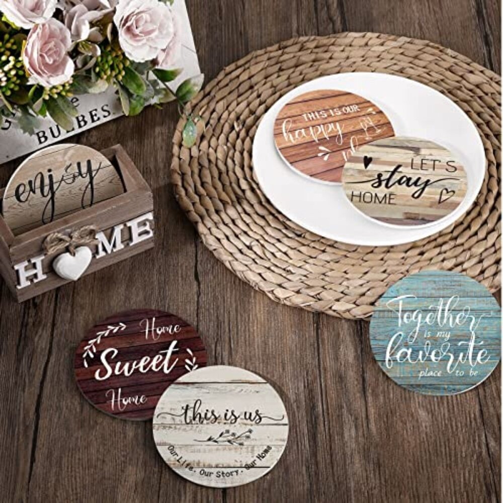 Coasters Set of 6 House Warming Gifts New Home Wooden Farmhouse‎ Drink Coasters